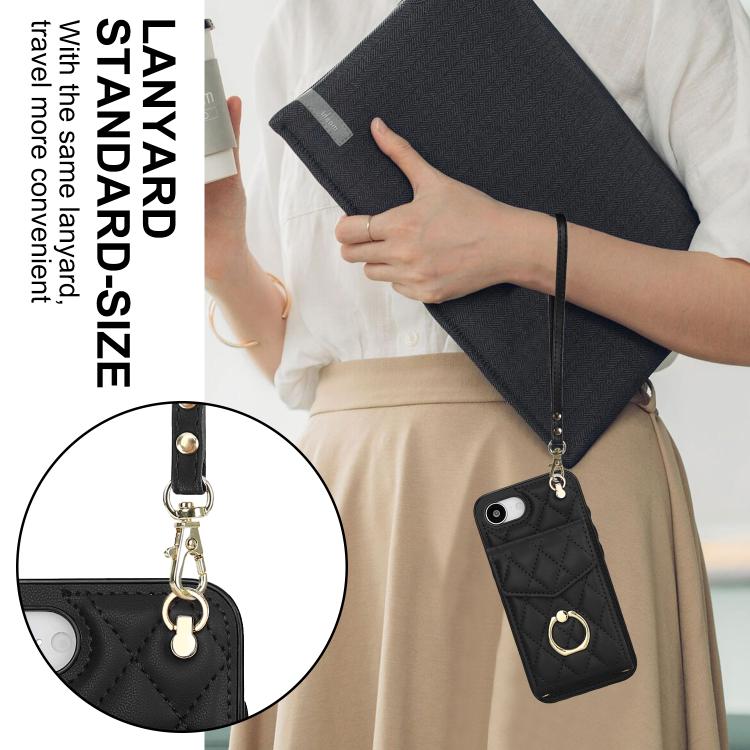 Capa de Telemóvel com Bolsa para Cartões e Textura Rombica com Cordão Longo, Para iPhone 17e / 16e, Para iPhone 17 Pro Max, Para iPhone 17 Pro, Para iPhone 17, Para iPhone Air, Para iPhone 15 Pro Max