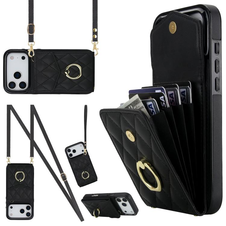 Capa de Telemóvel com Bolsa para Cartões e Textura Rombica com Cordão Longo, Para iPhone 17e / 16e, Para iPhone 17 Pro Max, Para iPhone 17 Pro, Para iPhone 17, Para iPhone Air, Para iPhone 15 Pro Max