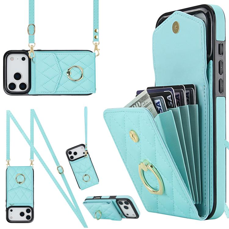 Capa de Telemóvel com Bolsa para Cartões e Textura Rombica com Cordão Longo, Para iPhone 17e / 16e, Para iPhone 17 Pro Max, Para iPhone 17 Pro, Para iPhone 17, Para iPhone Air, Para iPhone 15 Pro Max
