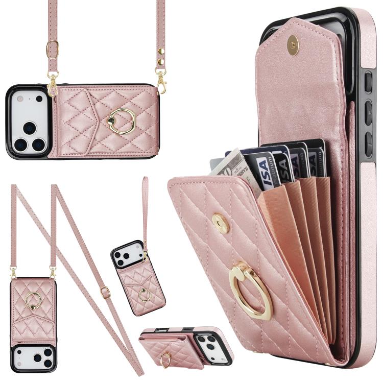 Capa de Telemóvel com Bolsa para Cartões e Textura Rombica com Cordão Longo, Para iPhone 17e / 16e, Para iPhone 17 Pro Max, Para iPhone 17 Pro, Para iPhone 17, Para iPhone Air, Para iPhone 15 Pro Max