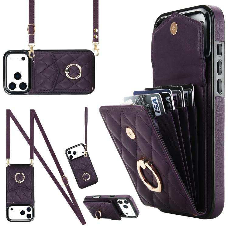 Capa de Telemóvel com Bolsa para Cartões e Textura Rombica com Cordão Longo, Para iPhone 17e / 16e, Para iPhone 17 Pro Max, Para iPhone 17 Pro, Para iPhone 17, Para iPhone Air, Para iPhone 15 Pro Max