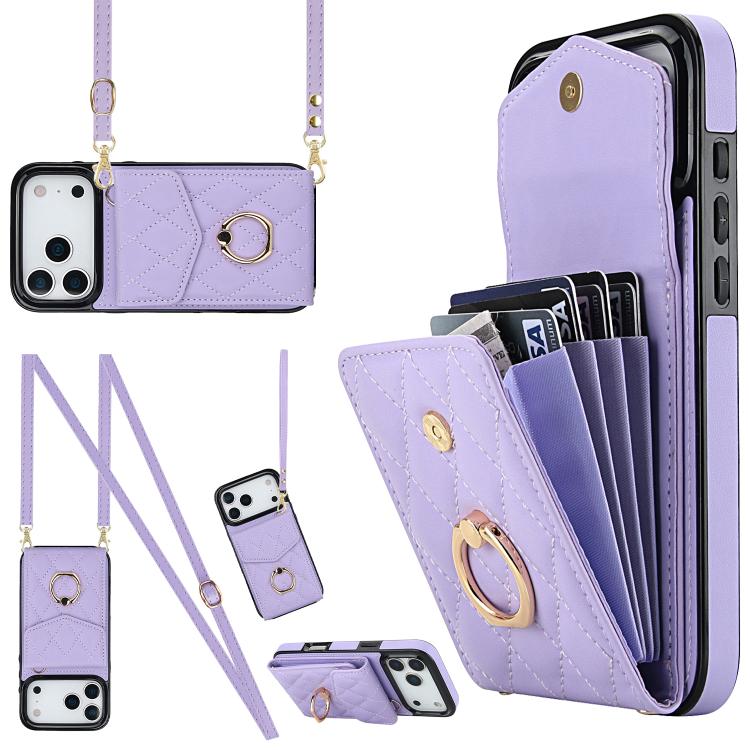 Capa de Telemóvel com Bolsa para Cartões e Textura Rombica com Cordão Longo, Para iPhone 17e / 16e, Para iPhone 17 Pro Max, Para iPhone 17 Pro, Para iPhone 17, Para iPhone Air, Para iPhone 15 Pro Max