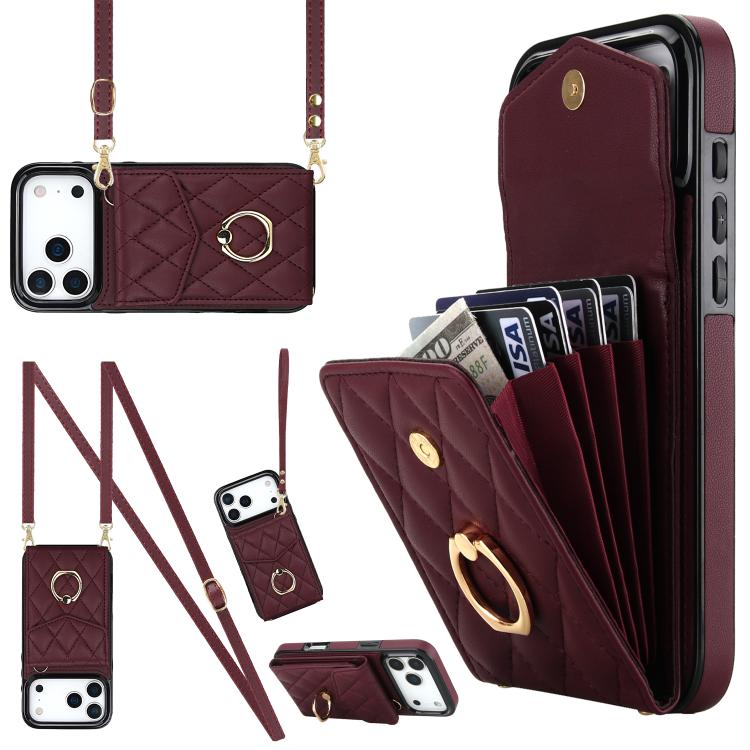 Capa de Telemóvel com Bolsa para Cartões e Textura Rombica com Cordão Longo, Para iPhone 17e / 16e, Para iPhone 17 Pro Max, Para iPhone 17 Pro, Para iPhone 17, Para iPhone Air, Para iPhone 15 Pro Max