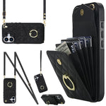 Capa de Telemóvel com Bolsa para Cartões e Textura Rombica com Cordão Longo, Para iPhone 17e / 16e, Para iPhone 17 Pro Max, Para iPhone 17 Pro, Para iPhone 17, Para iPhone Air, Para iPhone 15 Pro Max