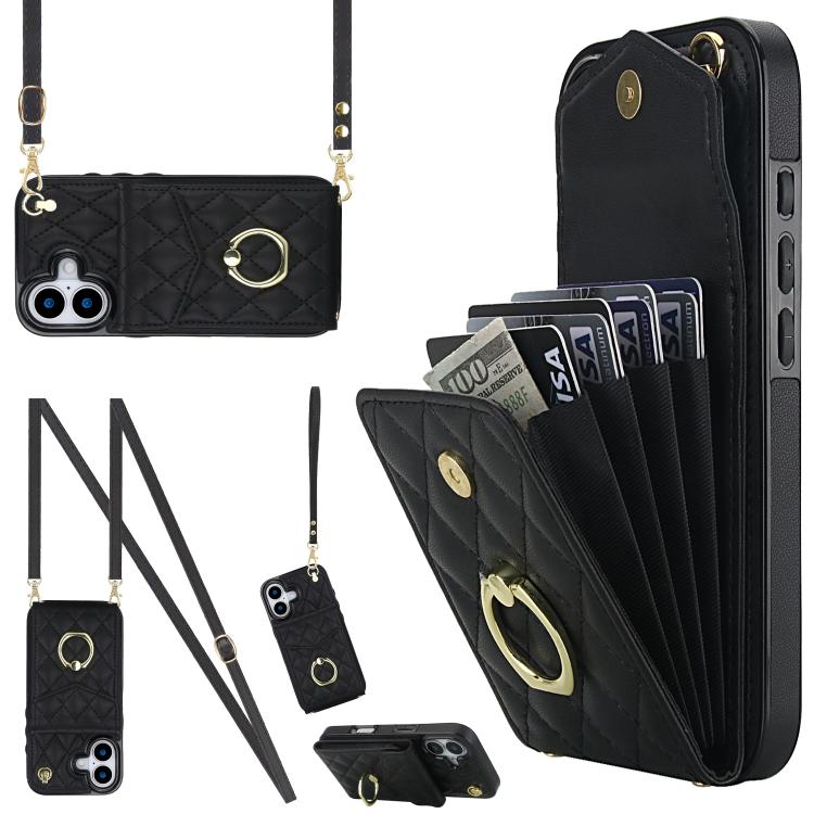 Capa de Telemóvel com Bolsa para Cartões e Textura Rombica com Cordão Longo, Para iPhone 17e / 16e, Para iPhone 17 Pro Max, Para iPhone 17 Pro, Para iPhone 17, Para iPhone Air, Para iPhone 15 Pro Max