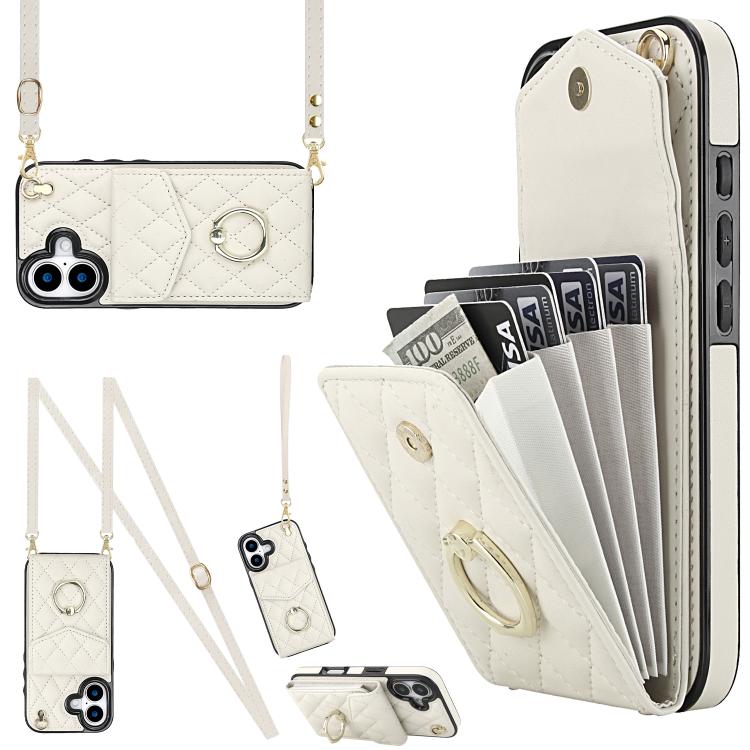 Capa de Telemóvel com Bolsa para Cartões e Textura Rombica com Cordão Longo, Para iPhone 17e / 16e, Para iPhone 17 Pro Max, Para iPhone 17 Pro, Para iPhone 17, Para iPhone Air, Para iPhone 15 Pro Max