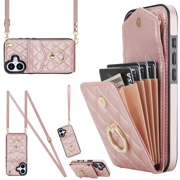 Capa de Telemóvel com Bolsa para Cartões e Textura Rombica com Cordão Longo, Para iPhone 17e / 16e, Para iPhone 17 Pro Max, Para iPhone 17 Pro, Para iPhone 17, Para iPhone Air, Para iPhone 15 Pro Max