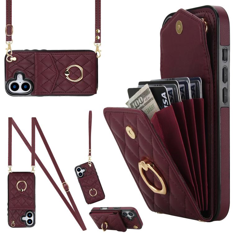 Capa de Telemóvel com Bolsa para Cartões e Textura Rombica com Cordão Longo, Para iPhone 17e / 16e, Para iPhone 17 Pro Max, Para iPhone 17 Pro, Para iPhone 17, Para iPhone Air, Para iPhone 15 Pro Max