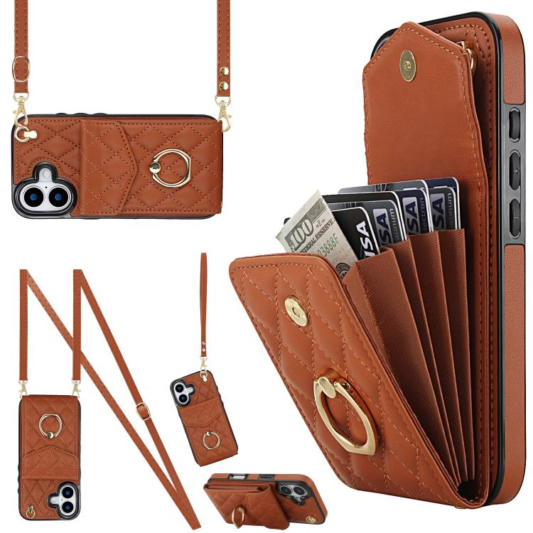 Capa de Telemóvel com Bolsa para Cartões e Textura Rombica com Cordão Longo, Para iPhone 17e / 16e, Para iPhone 17 Pro Max, Para iPhone 17 Pro, Para iPhone 17, Para iPhone Air, Para iPhone 15 Pro Max