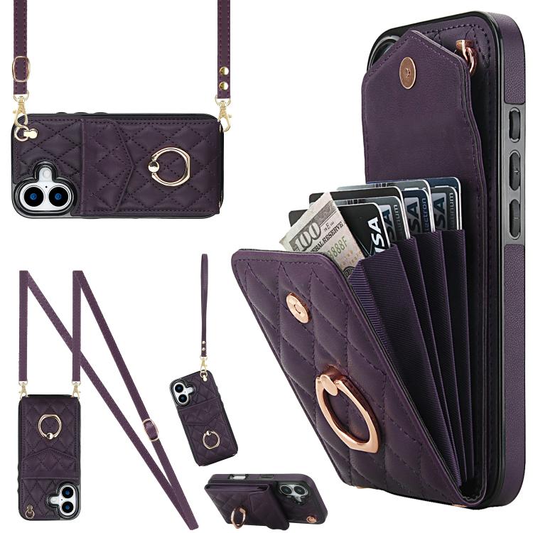 Capa de Telemóvel com Bolsa para Cartões e Textura Rombica com Cordão Longo, Para iPhone 17e / 16e, Para iPhone 17 Pro Max, Para iPhone 17 Pro, Para iPhone 17, Para iPhone Air, Para iPhone 15 Pro Max