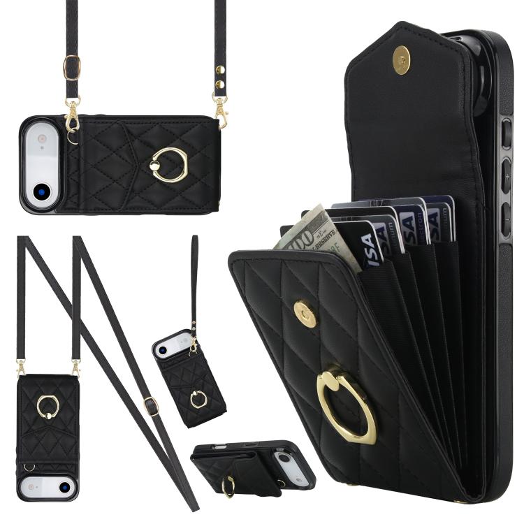 Capa de Telemóvel com Bolsa para Cartões e Textura Rombica com Cordão Longo, Para iPhone 17e / 16e, Para iPhone 17 Pro Max, Para iPhone 17 Pro, Para iPhone 17, Para iPhone Air, Para iPhone 15 Pro Max