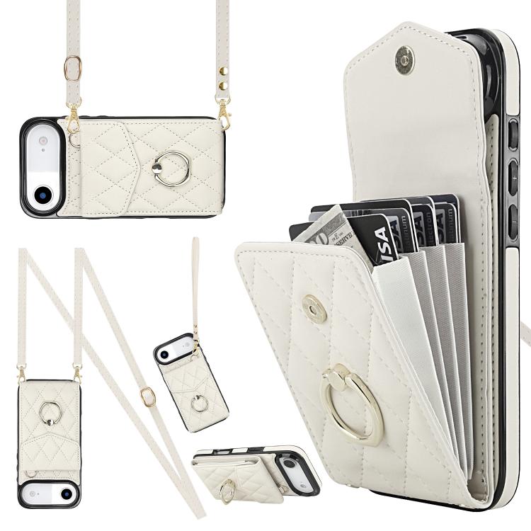Capa de Telemóvel com Bolsa para Cartões e Textura Rombica com Cordão Longo, Para iPhone 17e / 16e, Para iPhone 17 Pro Max, Para iPhone 17 Pro, Para iPhone 17, Para iPhone Air, Para iPhone 15 Pro Max