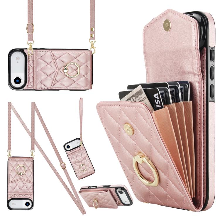 Capa de Telemóvel com Bolsa para Cartões e Textura Rombica com Cordão Longo, Para iPhone 17e / 16e, Para iPhone 17 Pro Max, Para iPhone 17 Pro, Para iPhone 17, Para iPhone Air, Para iPhone 15 Pro Max