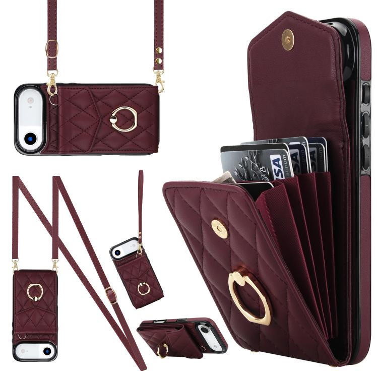 Capa de Telemóvel com Bolsa para Cartões e Textura Rombica com Cordão Longo, Para iPhone 17e / 16e, Para iPhone 17 Pro Max, Para iPhone 17 Pro, Para iPhone 17, Para iPhone Air, Para iPhone 15 Pro Max