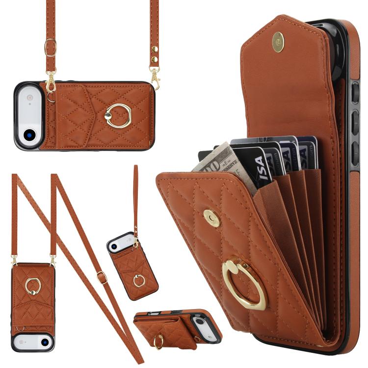 Capa de Telemóvel com Bolsa para Cartões e Textura Rombica com Cordão Longo, Para iPhone 17e / 16e, Para iPhone 17 Pro Max, Para iPhone 17 Pro, Para iPhone 17, Para iPhone Air, Para iPhone 15 Pro Max