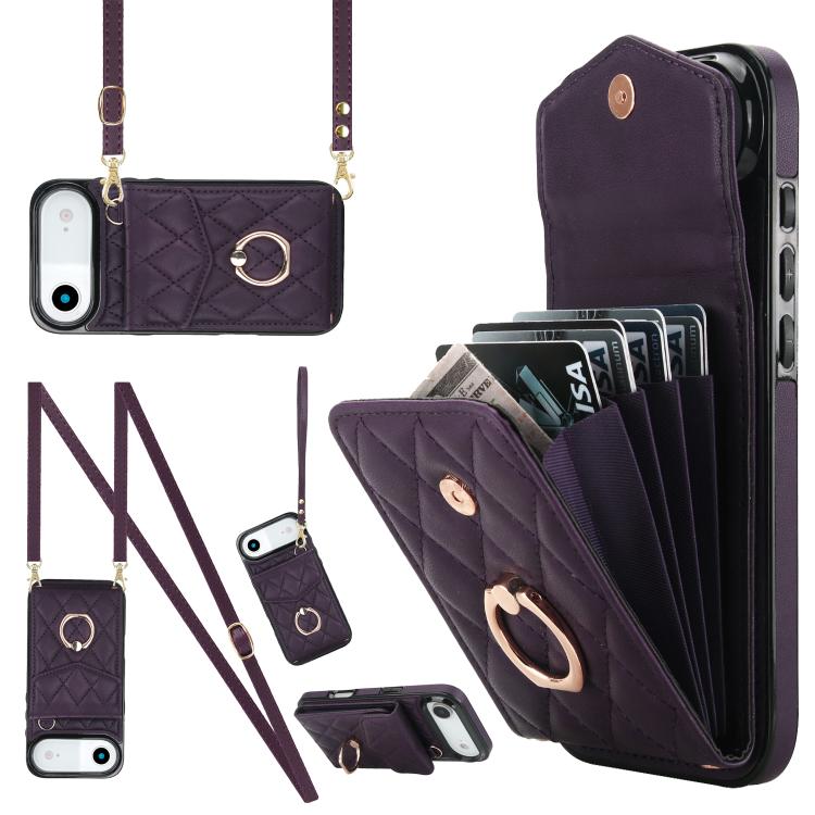 Capa de Telemóvel com Bolsa para Cartões e Textura Rombica com Cordão Longo, Para iPhone 17e / 16e, Para iPhone 17 Pro Max, Para iPhone 17 Pro, Para iPhone 17, Para iPhone Air, Para iPhone 15 Pro Max