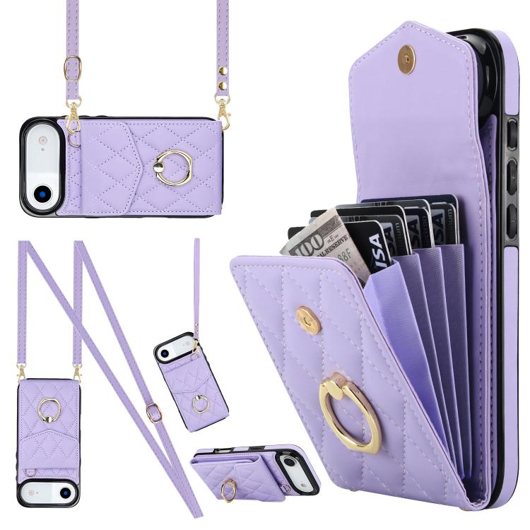 Capa de Telemóvel com Bolsa para Cartões e Textura Rombica com Cordão Longo, Para iPhone 17e / 16e, Para iPhone 17 Pro Max, Para iPhone 17 Pro, Para iPhone 17, Para iPhone Air, Para iPhone 15 Pro Max
