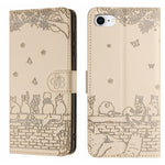 Capa de Telemóvel em Pele com Padrão de Relevo de Gato e Cordão, Para iPhone 16e / 17e, Para iPhone 17 Pro Max, Para iPhone 17 Pro, Para iPhone 17, Para iPhone Air, Para iPhone 16 Pro Max, Para iPhone 16 Pro, Para iPhone 16 Plus, Para iPhone 16