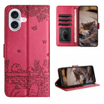 Capa de Telemóvel em Pele com Padrão de Relevo de Gato e Cordão, Para iPhone 16e / 17e, Para iPhone 17 Pro Max, Para iPhone 17 Pro, Para iPhone 17, Para iPhone Air, Para iPhone 16 Pro Max, Para iPhone 16 Pro, Para iPhone 16 Plus, Para iPhone 16