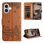 Capa de Telemóvel em Pele com Padrão de Relevo de Gato e Cordão, Para iPhone 16e / 17e, Para iPhone 17 Pro Max, Para iPhone 17 Pro, Para iPhone 17, Para iPhone Air, Para iPhone 16 Pro Max, Para iPhone 16 Pro, Para iPhone 16 Plus, Para iPhone 16