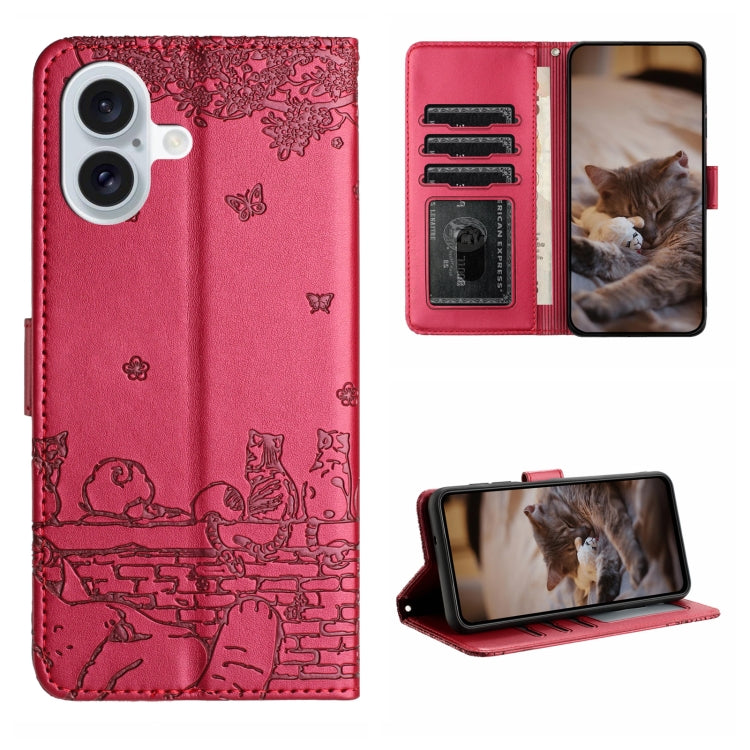 Capa de Telemóvel em Pele com Padrão de Relevo de Gato e Cordão, Para iPhone 16e / 17e, Para iPhone 17 Pro Max, Para iPhone 17 Pro, Para iPhone 17, Para iPhone Air, Para iPhone 16 Pro Max, Para iPhone 16 Pro, Para iPhone 16 Plus, Para iPhone 16
