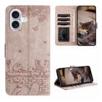 Capa de Telemóvel em Pele com Padrão de Relevo de Gato e Cordão, Para iPhone 16e / 17e, Para iPhone 17 Pro Max, Para iPhone 17 Pro, Para iPhone 17, Para iPhone Air, Para iPhone 16 Pro Max, Para iPhone 16 Pro, Para iPhone 16 Plus, Para iPhone 16