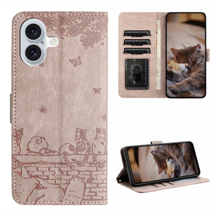Capa de Telemóvel em Pele com Padrão de Relevo de Gato e Cordão, Para iPhone 16e / 17e, Para iPhone 17 Pro Max, Para iPhone 17 Pro, Para iPhone 17, Para iPhone Air, Para iPhone 16 Pro Max, Para iPhone 16 Pro, Para iPhone 16 Plus, Para iPhone 16