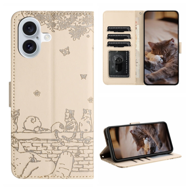 Capa de Telemóvel em Pele com Padrão de Relevo de Gato e Cordão, Para iPhone 16e / 17e, Para iPhone 17 Pro Max, Para iPhone 17 Pro, Para iPhone 17, Para iPhone Air, Para iPhone 16 Pro Max, Para iPhone 16 Pro, Para iPhone 16 Plus, Para iPhone 16