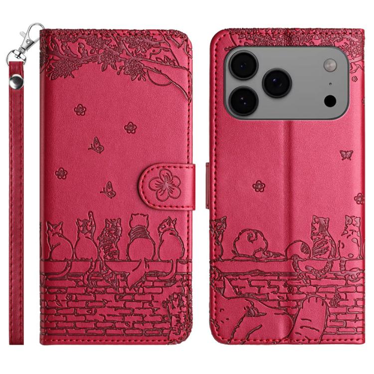 Capa de Telemóvel em Pele com Padrão de Relevo de Gato e Cordão, Para iPhone 16e / 17e, Para iPhone 17 Pro Max, Para iPhone 17 Pro, Para iPhone 17, Para iPhone Air, Para iPhone 16 Pro Max, Para iPhone 16 Pro, Para iPhone 16 Plus, Para iPhone 16