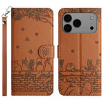 Capa de Telemóvel em Pele com Padrão de Relevo de Gato e Cordão, Para iPhone 16e / 17e, Para iPhone 17 Pro Max, Para iPhone 17 Pro, Para iPhone 17, Para iPhone Air, Para iPhone 16 Pro Max, Para iPhone 16 Pro, Para iPhone 16 Plus, Para iPhone 16
