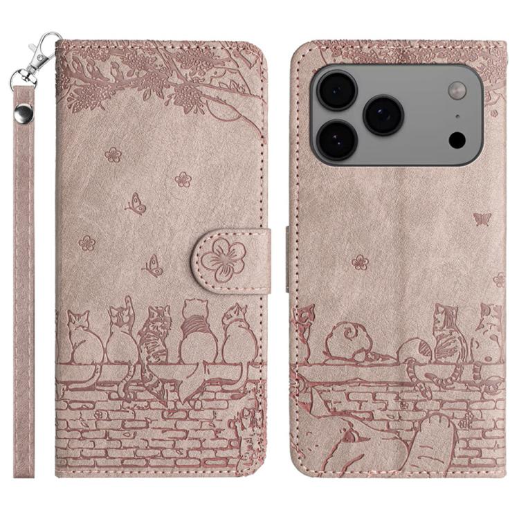 Capa de Telemóvel em Pele com Padrão de Relevo de Gato e Cordão, Para iPhone 16e / 17e, Para iPhone 17 Pro Max, Para iPhone 17 Pro, Para iPhone 17, Para iPhone Air, Para iPhone 16 Pro Max, Para iPhone 16 Pro, Para iPhone 16 Plus, Para iPhone 16