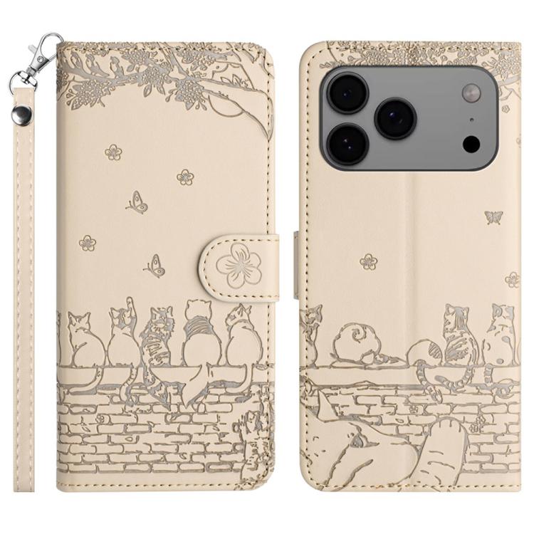 Capa de Telemóvel em Pele com Padrão de Relevo de Gato e Cordão, Para iPhone 16e / 17e, Para iPhone 17 Pro Max, Para iPhone 17 Pro, Para iPhone 17, Para iPhone Air, Para iPhone 16 Pro Max, Para iPhone 16 Pro, Para iPhone 16 Plus, Para iPhone 16