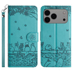 Capa de Telemóvel em Pele com Padrão de Relevo de Gato e Cordão, Para iPhone 16e / 17e, Para iPhone 17 Pro Max, Para iPhone 17 Pro, Para iPhone 17, Para iPhone Air, Para iPhone 16 Pro Max, Para iPhone 16 Pro, Para iPhone 16 Plus, Para iPhone 16