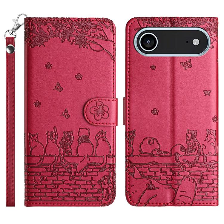 Capa de Telemóvel em Pele com Padrão de Relevo de Gato e Cordão, Para iPhone 16e / 17e, Para iPhone 17 Pro Max, Para iPhone 17 Pro, Para iPhone 17, Para iPhone Air, Para iPhone 16 Pro Max, Para iPhone 16 Pro, Para iPhone 16 Plus, Para iPhone 16