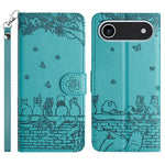 Capa de Telemóvel em Pele com Padrão de Relevo de Gato e Cordão, Para iPhone 16e / 17e, Para iPhone 17 Pro Max, Para iPhone 17 Pro, Para iPhone 17, Para iPhone Air, Para iPhone 16 Pro Max, Para iPhone 16 Pro, Para iPhone 16 Plus, Para iPhone 16