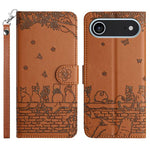 Capa de Telemóvel em Pele com Padrão de Relevo de Gato e Cordão, Para iPhone 16e / 17e, Para iPhone 17 Pro Max, Para iPhone 17 Pro, Para iPhone 17, Para iPhone Air, Para iPhone 16 Pro Max, Para iPhone 16 Pro, Para iPhone 16 Plus, Para iPhone 16