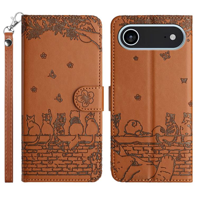 Capa de Telemóvel em Pele com Padrão de Relevo de Gato e Cordão, Para iPhone 16e / 17e, Para iPhone 17 Pro Max, Para iPhone 17 Pro, Para iPhone 17, Para iPhone Air, Para iPhone 16 Pro Max, Para iPhone 16 Pro, Para iPhone 16 Plus, Para iPhone 16