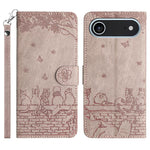 Capa de Telemóvel em Pele com Padrão de Relevo de Gato e Cordão, Para iPhone 16e / 17e, Para iPhone 17 Pro Max, Para iPhone 17 Pro, Para iPhone 17, Para iPhone Air, Para iPhone 16 Pro Max, Para iPhone 16 Pro, Para iPhone 16 Plus, Para iPhone 16