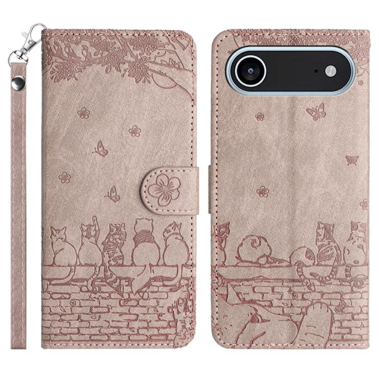 Capa de Telemóvel em Pele com Padrão de Relevo de Gato e Cordão, Para iPhone 16e / 17e, Para iPhone 17 Pro Max, Para iPhone 17 Pro, Para iPhone 17, Para iPhone Air, Para iPhone 16 Pro Max, Para iPhone 16 Pro, Para iPhone 16 Plus, Para iPhone 16