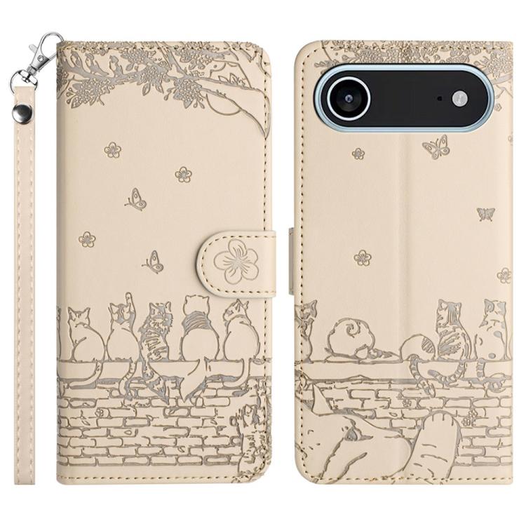Capa de Telemóvel em Pele com Padrão de Relevo de Gato e Cordão, Para iPhone 16e / 17e, Para iPhone 17 Pro Max, Para iPhone 17 Pro, Para iPhone 17, Para iPhone Air, Para iPhone 16 Pro Max, Para iPhone 16 Pro, Para iPhone 16 Plus, Para iPhone 16