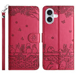 Capa de Telemóvel em Pele com Padrão de Relevo de Gato e Cordão, Para iPhone 16e / 17e, Para iPhone 17 Pro Max, Para iPhone 17 Pro, Para iPhone 17, Para iPhone Air, Para iPhone 16 Pro Max, Para iPhone 16 Pro, Para iPhone 16 Plus, Para iPhone 16