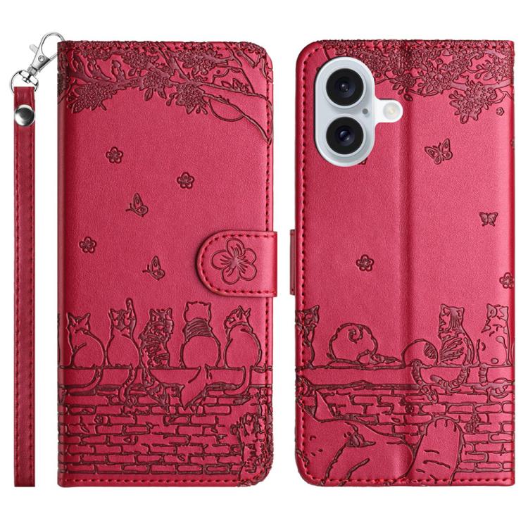 Capa de Telemóvel em Pele com Padrão de Relevo de Gato e Cordão, Para iPhone 16e / 17e, Para iPhone 17 Pro Max, Para iPhone 17 Pro, Para iPhone 17, Para iPhone Air, Para iPhone 16 Pro Max, Para iPhone 16 Pro, Para iPhone 16 Plus, Para iPhone 16