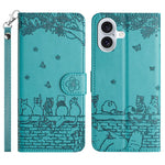 Capa de Telemóvel em Pele com Padrão de Relevo de Gato e Cordão, Para iPhone 16e / 17e, Para iPhone 17 Pro Max, Para iPhone 17 Pro, Para iPhone 17, Para iPhone Air, Para iPhone 16 Pro Max, Para iPhone 16 Pro, Para iPhone 16 Plus, Para iPhone 16