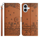 Capa de Telemóvel em Pele com Padrão de Relevo de Gato e Cordão, Para iPhone 16e / 17e, Para iPhone 17 Pro Max, Para iPhone 17 Pro, Para iPhone 17, Para iPhone Air, Para iPhone 16 Pro Max, Para iPhone 16 Pro, Para iPhone 16 Plus, Para iPhone 16