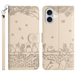 Capa de Telemóvel em Pele com Padrão de Relevo de Gato e Cordão, Para iPhone 16e / 17e, Para iPhone 17 Pro Max, Para iPhone 17 Pro, Para iPhone 17, Para iPhone Air, Para iPhone 16 Pro Max, Para iPhone 16 Pro, Para iPhone 16 Plus, Para iPhone 16