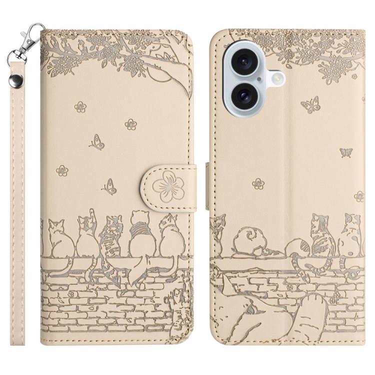 Capa de Telemóvel em Pele com Padrão de Relevo de Gato e Cordão, Para iPhone 16e / 17e, Para iPhone 17 Pro Max, Para iPhone 17 Pro, Para iPhone 17, Para iPhone Air, Para iPhone 16 Pro Max, Para iPhone 16 Pro, Para iPhone 16 Plus, Para iPhone 16