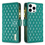 Capa carteira para telemóvel em pele com padrão de losangos, fecho de aba e fecho de correr, para iPhone 17 Pro Max, para iPhone 17 Pro, para iPhone 17, para iPhone Air, para iPhone 16 Pro Max, para iPhone 16 Pro, para iPhone 16 Plus, para iPhone 16