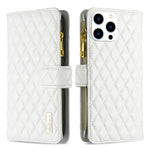 Capa carteira para telemóvel em pele com padrão de losangos, fecho de aba e fecho de correr, para iPhone 17 Pro Max, para iPhone 17 Pro, para iPhone 17, para iPhone Air, para iPhone 16 Pro Max, para iPhone 16 Pro, para iPhone 16 Plus, para iPhone 16