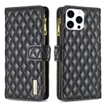 Capa carteira para telemóvel em pele com padrão de losangos, fecho de aba e fecho de correr, para iPhone 17 Pro Max, para iPhone 17 Pro, para iPhone 17, para iPhone Air, para iPhone 16 Pro Max, para iPhone 16 Pro, para iPhone 16 Plus, para iPhone 16