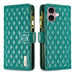 Capa carteira para telemóvel em pele com padrão de losangos, fecho de aba e fecho de correr, para iPhone 17 Pro Max, para iPhone 17 Pro, para iPhone 17, para iPhone Air, para iPhone 16 Pro Max, para iPhone 16 Pro, para iPhone 16 Plus, para iPhone 16